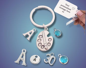 Art Palette Keyring: Artist Keychain, Art Teacher Bag Charm, Graduation Gift, Add Letters, Birthstones and 40th 50th 60th Birthday Numbers