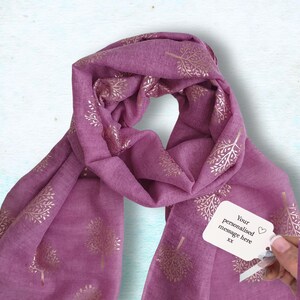 Purple Tree Scarf in a Box: Rose Gold Foil, Add Personalised Scarf Charms for 50th 60th 70th Birthdays, Gift Boxed