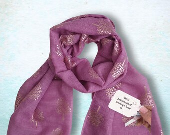 Purple Tree Scarf in a Box: Rose Gold Foil, Add Personalised Scarf Charms for 50th 60th 70th Birthdays, Gift Boxed