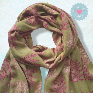 Personalised Leaf Print Scarf: Olive Green Lightweight Shawl, Birthday Gift