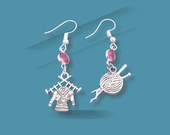 Birthstone Knitting Charm Earrings: Unique Knitting Lover Gift, Pierced or Clip On