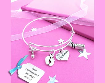 New Mum Bangle, Baby-themed Charm Bracelet, Keepsake First-Time Mother Gift, Celebrate Birth of a Baby Present