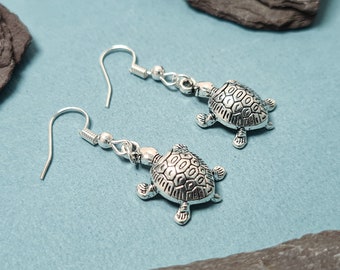 Silver Tortoise Earrings, Turtle Jewellery, Tortoise Lover Gifts, Letterbox Present UK, Novelty Dangly Earrings, Non-Pierced Option