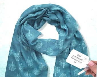 Teal Blue Tree of Life Scarf in a Box: Personalised Charm, Lightweight Wrap