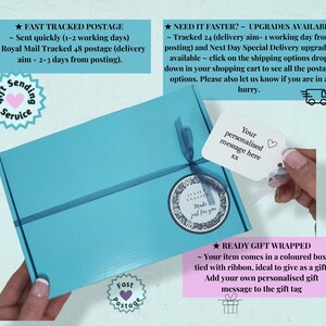 May include: A light blue gift box with a white ribbon and a gift tag that says "Your personalized message here XX". The box is tied with a ribbon and has a sticker that says "Made just for you".