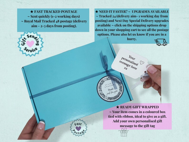 May include: A light blue gift box with a white ribbon and a gift tag that says "Your personalized message here XX". The box is tied with a ribbon and has a sticker that says "Made just for you".