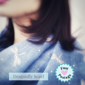 Blue Dragonfly Scarf for Women, Initial Scarf, Personalised Ladies Scarf in A Box, Letterbox Gift UK, Lightweight Spring Scarf