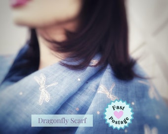 Blue Dragonfly Scarf for Women, Initial Scarf, Personalised Ladies Scarf in A Box, Letterbox Gift UK, Lightweight Spring Scarf