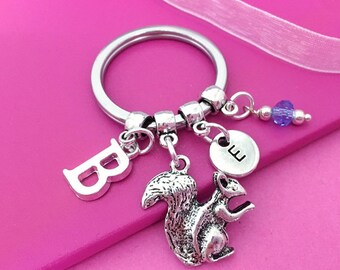 Cute Squirrel Keyring, Personalised Squirrel Keychain, Woodland Bag Charm, Letterbox Present UK, Birthday Gift Idea, 16th 18th 21st