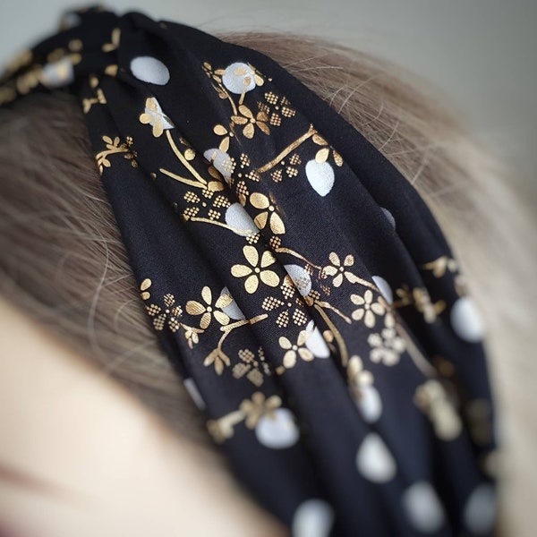 Womens Twist Knot Headband, Black Gold Floral Print Ladies Hair Band, Lightweight Hair Accessory,  Comfortable Hairband UK, Summer Style