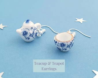Blue & White Porcelain Teapot + Tea Cup Dangle Earrings: Whimsical Miniature China Tea Party Jewellery, Tea Lover Gift, Sterling Silver