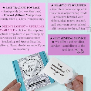 May include: A teal gift box with a white tag that says "Your personalised message here". The box is tied with a ribbon and contains a gift. Text on the box reads "Made Just For You" and "Juliet English".