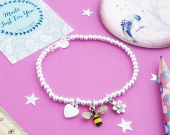 Personalized Silver Bee Bracelet: Birthstone Initial Charm, Gardener Gift
