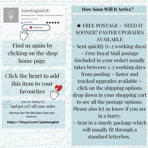 May include: A graphic with text that reads "How Soon Will It Arrive?" and details shipping information. The text states that free postage is included in orders and that faster shipping upgrades are available. The graphic also includes a link to the shop's website.