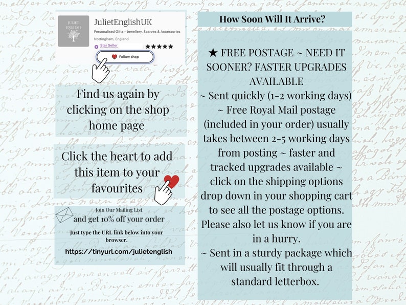May include: A graphic with text that reads "How Soon Will It Arrive?" and details shipping information. The text states that free postage is included in orders and that faster shipping upgrades are available. The graphic also includes a link to the shop's website.