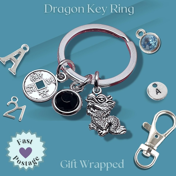 Dragon Good Luck Coin Keyring, Chinese New Year Gift, Lucky Symbol, Personalised Letterbox Oriental Present UK, Fast Postage Pocket Hug Gift