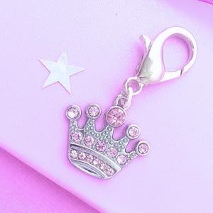 Personalised Pink Sparkly Crown Bag Charm, Purse Zipper Pull, Clip On Charm, Letterbox Gift UK, Add Letter or Birthstone Crown Clip On Charm