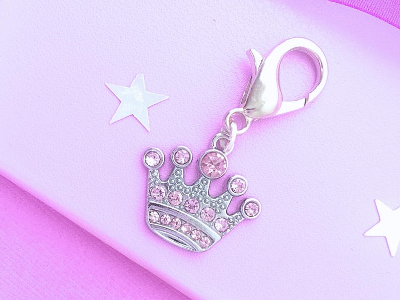 Personalised Pink Sparkly Crown Bag Charm, Purse Zipper Pull, Clip On Charm, Letterbox Gift UK, Add Letter or Birthstone Crown Clip On Charm