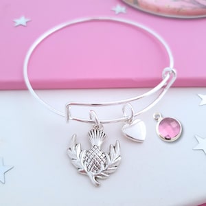 Scottish Thistle Bangle: Silver Plated Scotland Gift, Personalised Charm Bracelet image 1