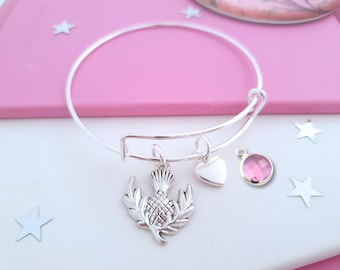 Scottish Thistle Bangle: Silver Plated Scotland Gift, Personalised Charm Bracelet