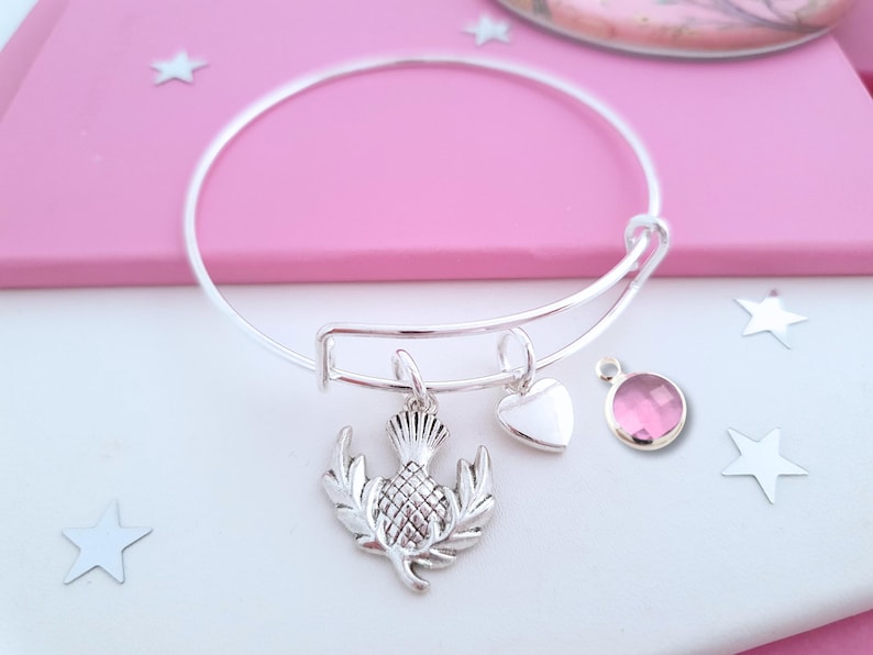 Scottish Thistle Bangle: Silver Plated Scotland Gift, Personalised Charm Bracelet image 1
