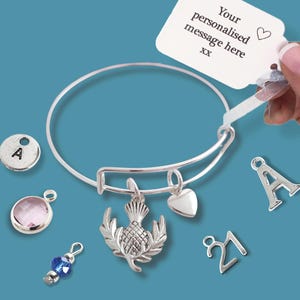 Scottish Thistle Bangle: Silver Plated Scotland Gift, Personalised Charm Bracelet image 3