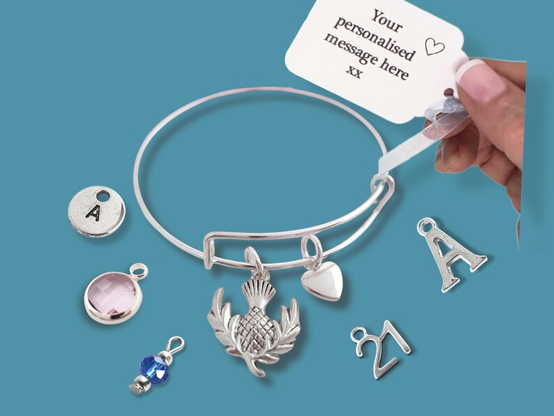 Scottish Thistle Bangle: Silver Plated Scotland Gift, Personalised Charm Bracelet image 3