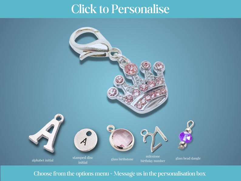 Personalised Pink Sparkly Crown Bag Charm, Purse Zipper Pull, Clip On Charm, Letterbox Gift UK, Add Letter or Birthstone bild 10