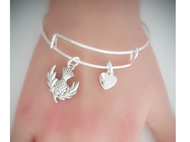 Scottish Thistle Bangle: Silver Plated Scotland Gift, Personalised Charm Bracelet image 2