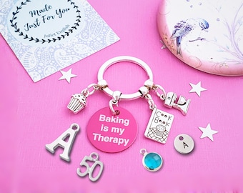 Personalised Baking Lover Keyring: Cookery Charms, Custom Engraving, Add Milestone Number Charms for 60th 70th Birthday Gift