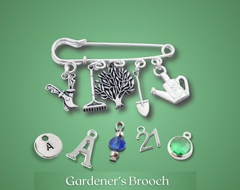 Gardener Brooch: Silver Charms, Personalised Gardening Gift