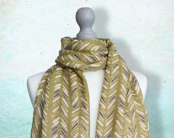 Olive Green Line Pattern Scarf: Lightweight Ladies Shawl, Women's 40th 50th 60th Birthday Gift