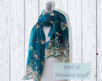 Floral Bird Scarf, Personalized Scarf, Ladies Bird Wrap, Lightweight Scarf, Womens Scarf, Birthday Gift For Her, 60th 70th 80th Gift