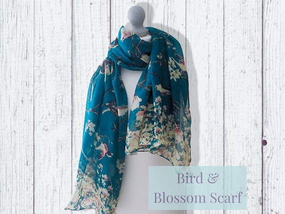 Floral Bird Scarf, Personalized Scarf, Ladies Bird Wrap, Lightweight Scarf, Womens Scarf, Birthday Gift For Her, 60th 70th 80th Gift