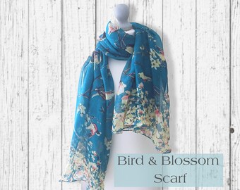 Floral Bird Scarf, Personalized Scarf, Ladies Bird Wrap, Lightweight Scarf, Womens Scarf, Birthday Gift For Her, 60th 70th 80th Gift