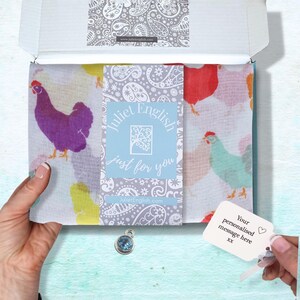Chickens Scarf In A Box, Personalised Women's Scarf, Ladies Hens Gift, Letterbox 30th 40th 50th Birthday, Mum Grandma Present, Mothers Day image 1