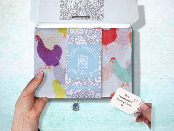 Chickens Scarf In A Box, Personalised Women's Scarf, Ladies Hens Gift, Letterbox 30th 40th 50th Birthday, Mum Grandma Present, Mothers Day