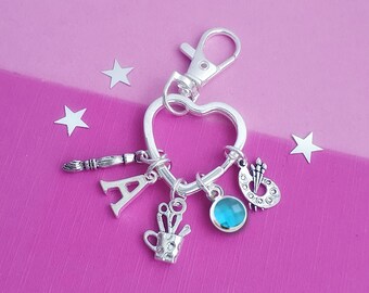 Personalised Artist Keychain: Palette, Brush, Initial Birthstone Charm