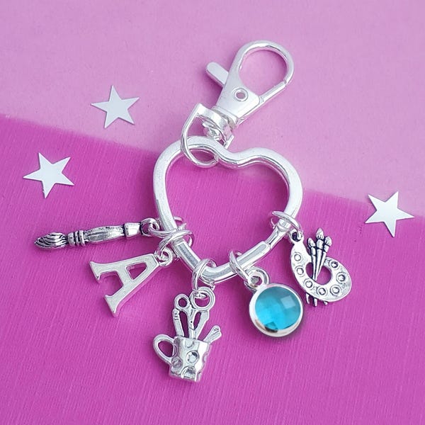 Personalised Artist Keychain: Palette, Brush, Initial Birthstone Charm
