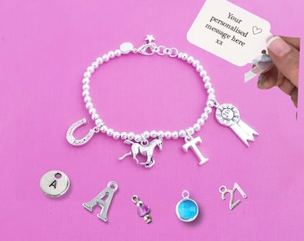 Personalized Horse Charm Bracelet: Sterling Silver Beads, Equestrian Gift
