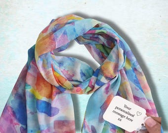 Watercolour Print Scarf: Abstract Brushstrokes Colourful Pattern Shawl in a Box with Scarf Charms, 40th 50th 60th Birthday Gift