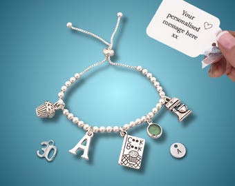 Personalised Baking Charm Bracelet: Sterling Silver Plated Jewellery for Cooking Lover, Add Birthday Number Charms for 50th 60th 70th Gift