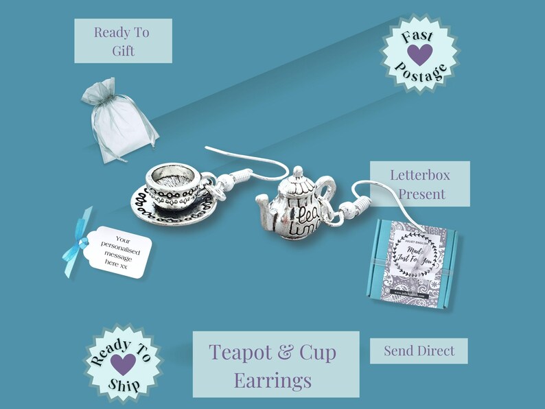 May include: Silver-toned teapot and cup earrings. The earrings feature a miniature teapot charm and a teacup with a saucer. The image also includes gift packaging and the text "Teapot & Cup Earrings."