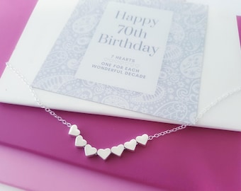 70th Birthday Necklace: Handmade Silver Hearts, Seven Decades Gift