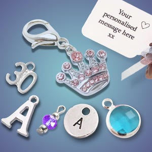 Personalised Pink Sparkly Crown Bag Charm, Purse Zipper Pull, Clip On Charm, Letterbox Gift UK, Add Letter or Birthstone bild 2