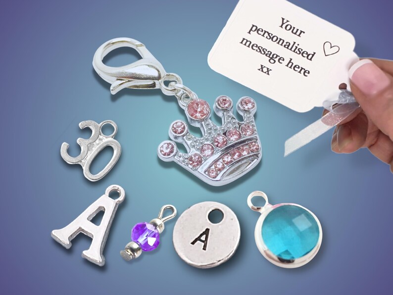 Personalised Pink Sparkly Crown Bag Charm, Purse Zipper Pull, Clip On Charm, Letterbox Gift UK, Add Letter or Birthstone bild 2