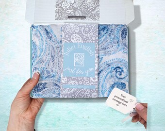 Womens Blue Paisley Scarf in A Gift Box: Ladies Lightweight Shawl, Optional Milestone 50th 60th 70th Birthday Charms