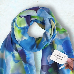 Personalised Watercolour Floral Scarf: Blue Flower Pattern Scarf in a Box, 60th 70th 80th Gift