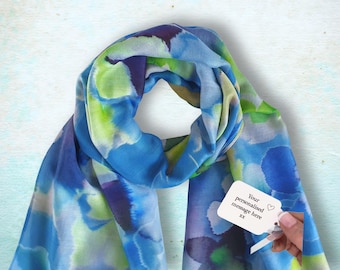 Personalised Watercolour Floral Scarf: Blue Flower Pattern Scarf in a Box, 60th 70th 80th Gift