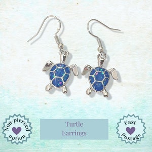Sea Turtle Earrings, Novelty Terrapin Earrings, Letterbox Present UK, Imitation Opal, Sea Beach Ocean Lover Gift, Birthday Hug, Fast Post